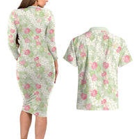 Anthurium Plumeria Lei Pastel Couples Matching Long Sleeve Bodycon Dress and Hawaiian Shirt Green Hawaiian Splendid Palaka LT01 - Polynesian Pride
