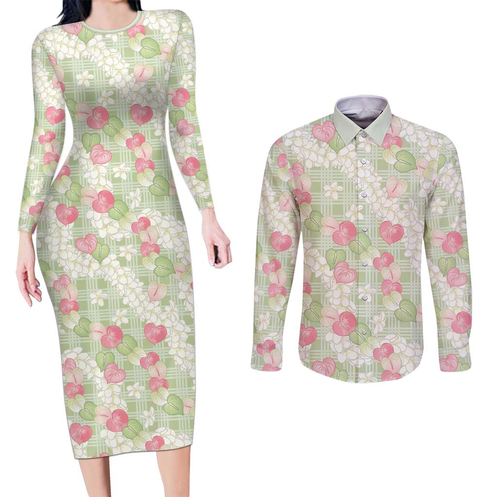 Anthurium Plumeria Lei Pastel Couples Matching Long Sleeve Bodycon Dress and Long Sleeve Button Shirt Green Hawaiian Splendid Palaka LT01 Green - Polynesian Pride