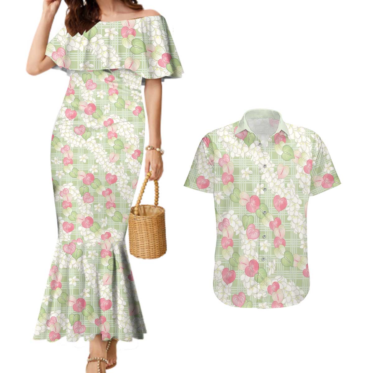 Anthurium Plumeria Lei Pastel Couples Matching Mermaid Dress and Hawaiian Shirt Green Hawaiian Splendid Palaka