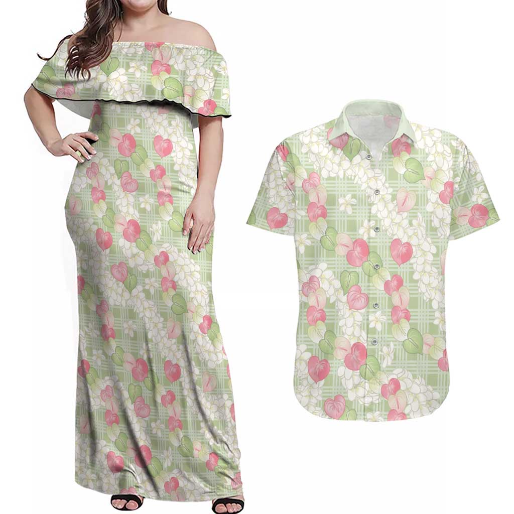 Anthurium Plumeria Lei Pastel Couples Matching Off Shoulder Maxi Dress and Hawaiian Shirt Green Hawaiian Splendid Palaka LT01 Green - Polynesian Pride