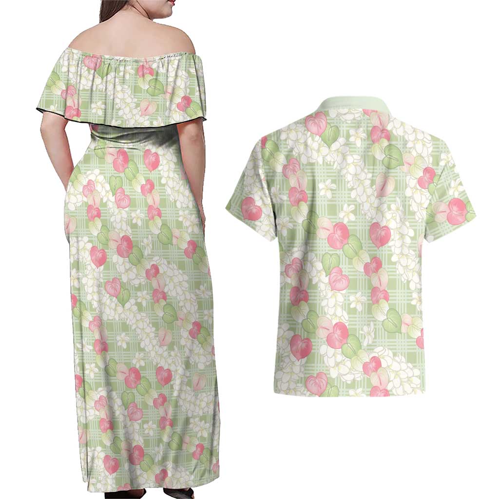 Anthurium Plumeria Lei Pastel Couples Matching Off Shoulder Maxi Dress and Hawaiian Shirt Green Hawaiian Splendid Palaka LT01 - Polynesian Pride