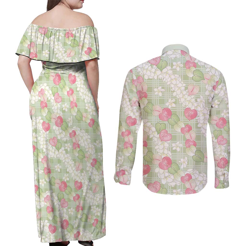 Anthurium Plumeria Lei Pastel Couples Matching Off Shoulder Maxi Dress and Long Sleeve Button Shirt Green Hawaiian Splendid Palaka LT01 - Polynesian Pride