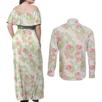 Anthurium Plumeria Lei Pastel Couples Matching Off Shoulder Maxi Dress and Long Sleeve Button Shirt Green Hawaiian Splendid Palaka LT01 - Polynesian Pride