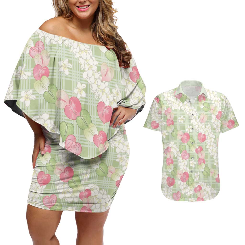Anthurium Plumeria Lei Pastel Couples Matching Off Shoulder Short Dress and Hawaiian Shirt Green Hawaiian Splendid Palaka LT01 Green - Polynesian Pride