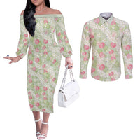 Anthurium Plumeria Lei Pastel Couples Matching Off The Shoulder Long Sleeve Dress and Long Sleeve Button Shirt Green Hawaiian Splendid Palaka LT01 Green - Polynesian Pride