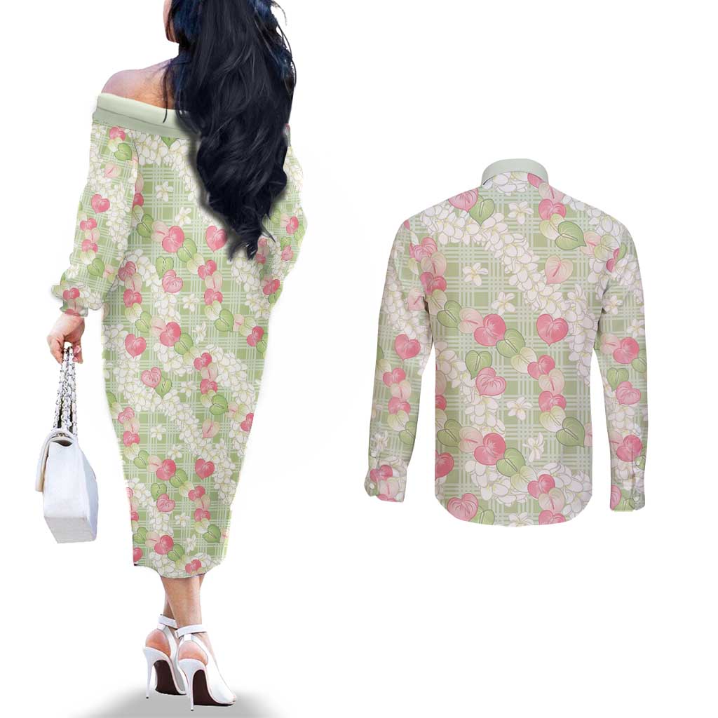 Anthurium Plumeria Lei Pastel Couples Matching Off The Shoulder Long Sleeve Dress and Long Sleeve Button Shirt Green Hawaiian Splendid Palaka LT01 - Polynesian Pride