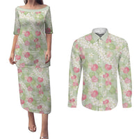 Anthurium Plumeria Lei Pastel Couples Matching Puletasi and Long Sleeve Button Shirt Green Hawaiian Splendid Palaka