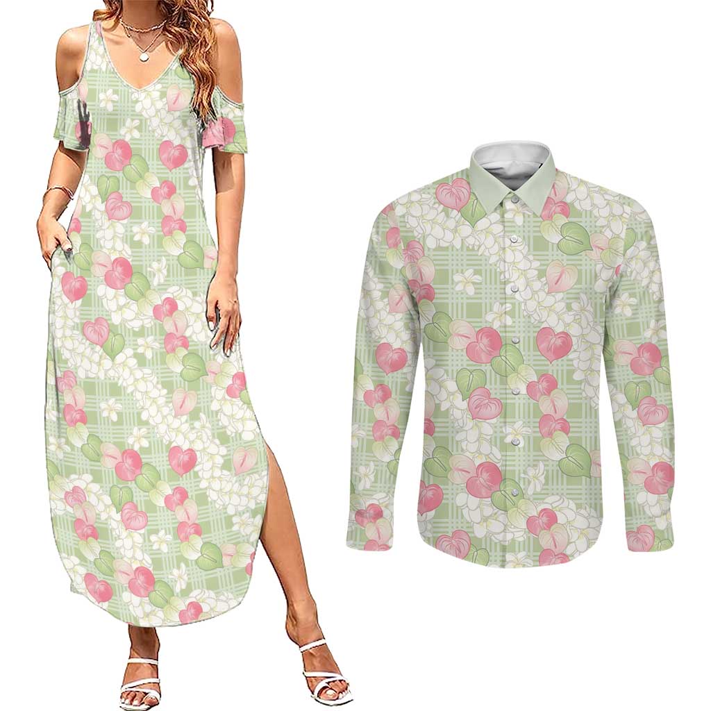 Anthurium Plumeria Lei Pastel Couples Matching Summer Maxi Dress and Long Sleeve Button Shirt Green Hawaiian Splendid Palaka LT01 Green - Polynesian Pride