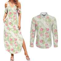 Anthurium Plumeria Lei Pastel Couples Matching Summer Maxi Dress and Long Sleeve Button Shirt Green Hawaiian Splendid Palaka LT01 Green - Polynesian Pride
