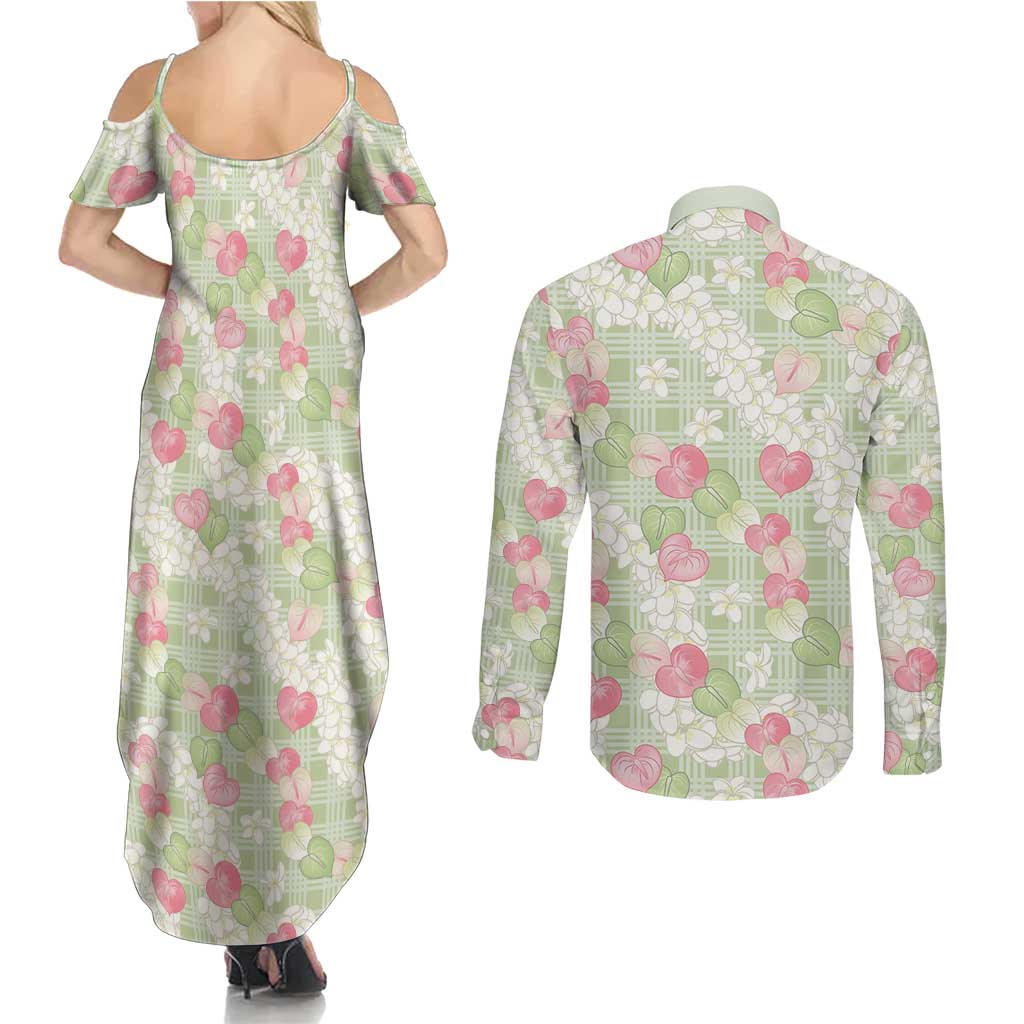 Anthurium Plumeria Lei Pastel Couples Matching Summer Maxi Dress and Long Sleeve Button Shirt Green Hawaiian Splendid Palaka LT01 - Polynesian Pride
