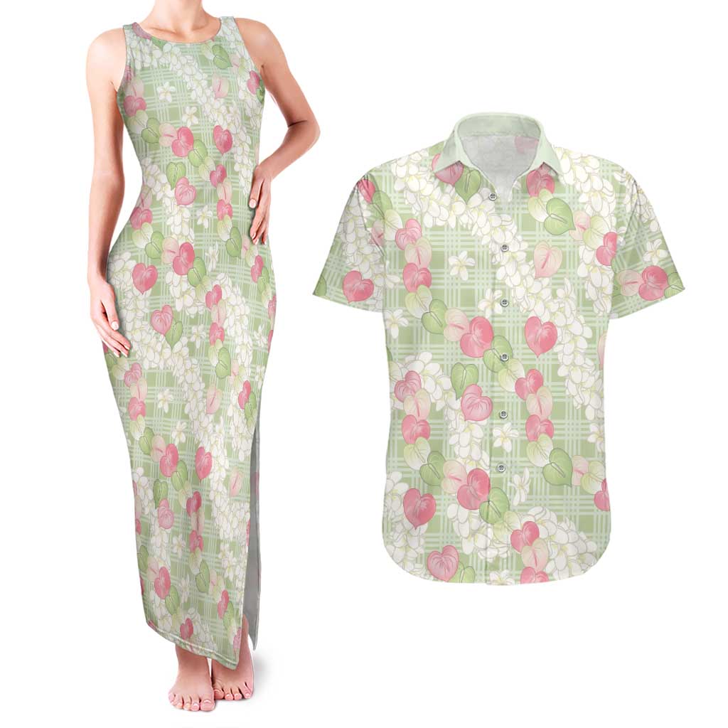 Anthurium Plumeria Lei Pastel Couples Matching Tank Maxi Dress and Hawaiian Shirt Green Hawaiian Splendid Palaka LT01 Green - Polynesian Pride