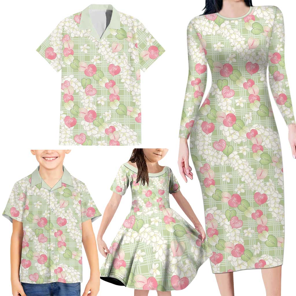 Anthurium Plumeria Lei Pastel Family Matching Long Sleeve Bodycon Dress and Hawaiian Shirt Green Hawaiian Splendid Palaka LT01 - Polynesian Pride
