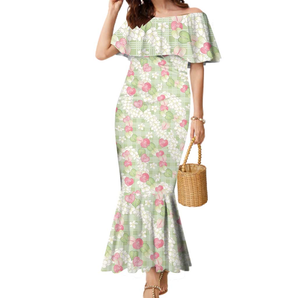 Anthurium Plumeria Lei Pastel Family Matching Mermaid Dress and Hawaiian Shirt Green Hawaiian Splendid Palaka LT01 Mom's Dress Green - Polynesian Pride