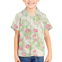 Anthurium Plumeria Lei Pastel Family Matching Mermaid Dress and Hawaiian Shirt Green Hawaiian Splendid Palaka LT01 Son's Shirt Green - Polynesian Pride