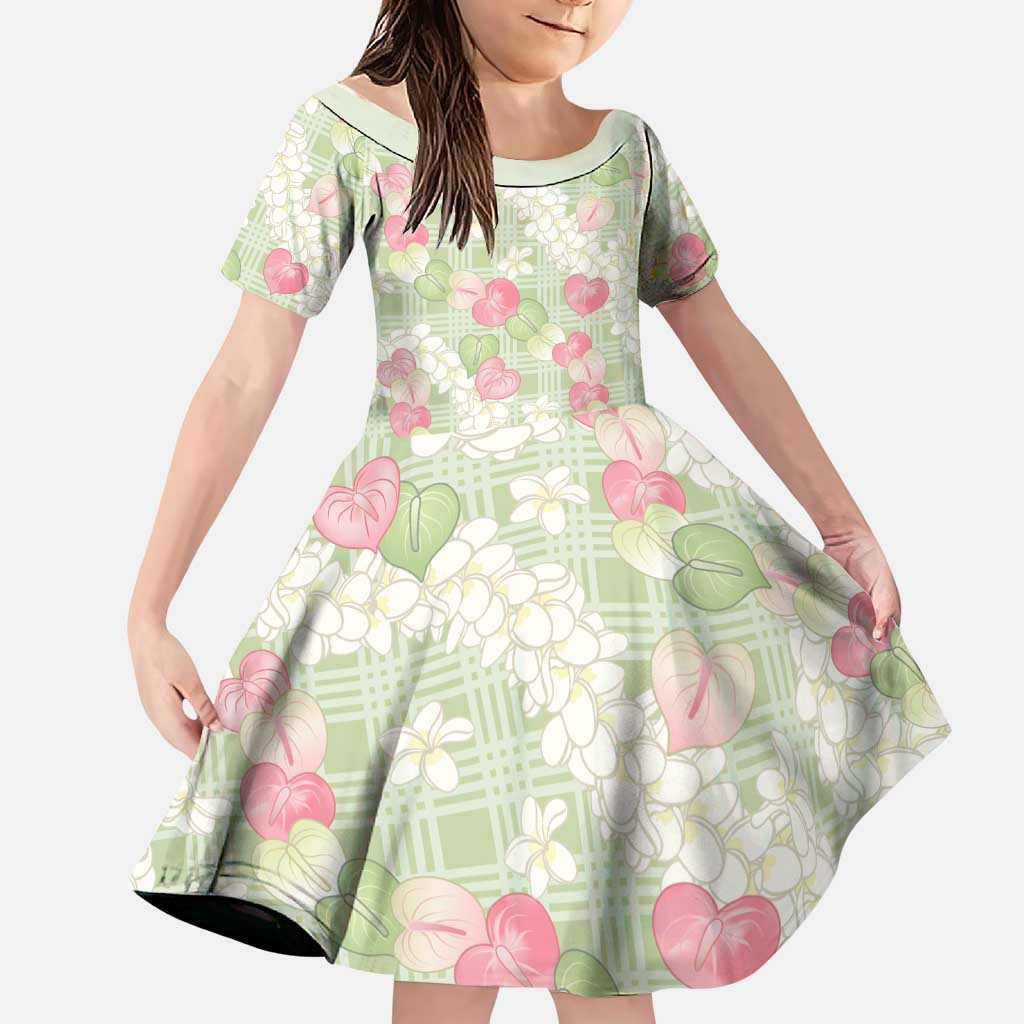 Anthurium Plumeria Lei Pastel Family Matching Off The Shoulder Long Sleeve Dress and Hawaiian Shirt Green Hawaiian Splendid Palaka LT01 Daughter's Dress Green - Polynesian Pride