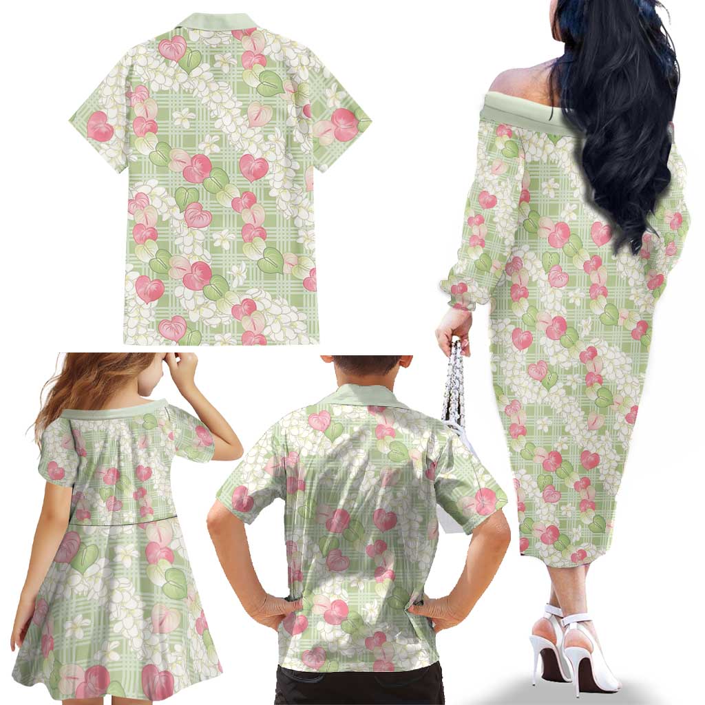 Anthurium Plumeria Lei Pastel Family Matching Off The Shoulder Long Sleeve Dress and Hawaiian Shirt Green Hawaiian Splendid Palaka LT01 - Polynesian Pride
