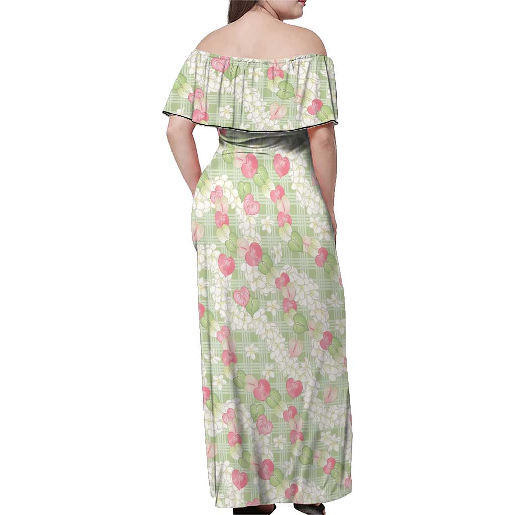 Anthurium Plumeria Lei Pastel Family Matching Off Shoulder Maxi Dress and Hawaiian Shirt Green Hawaiian Splendid Palaka LT01 - Polynesian Pride