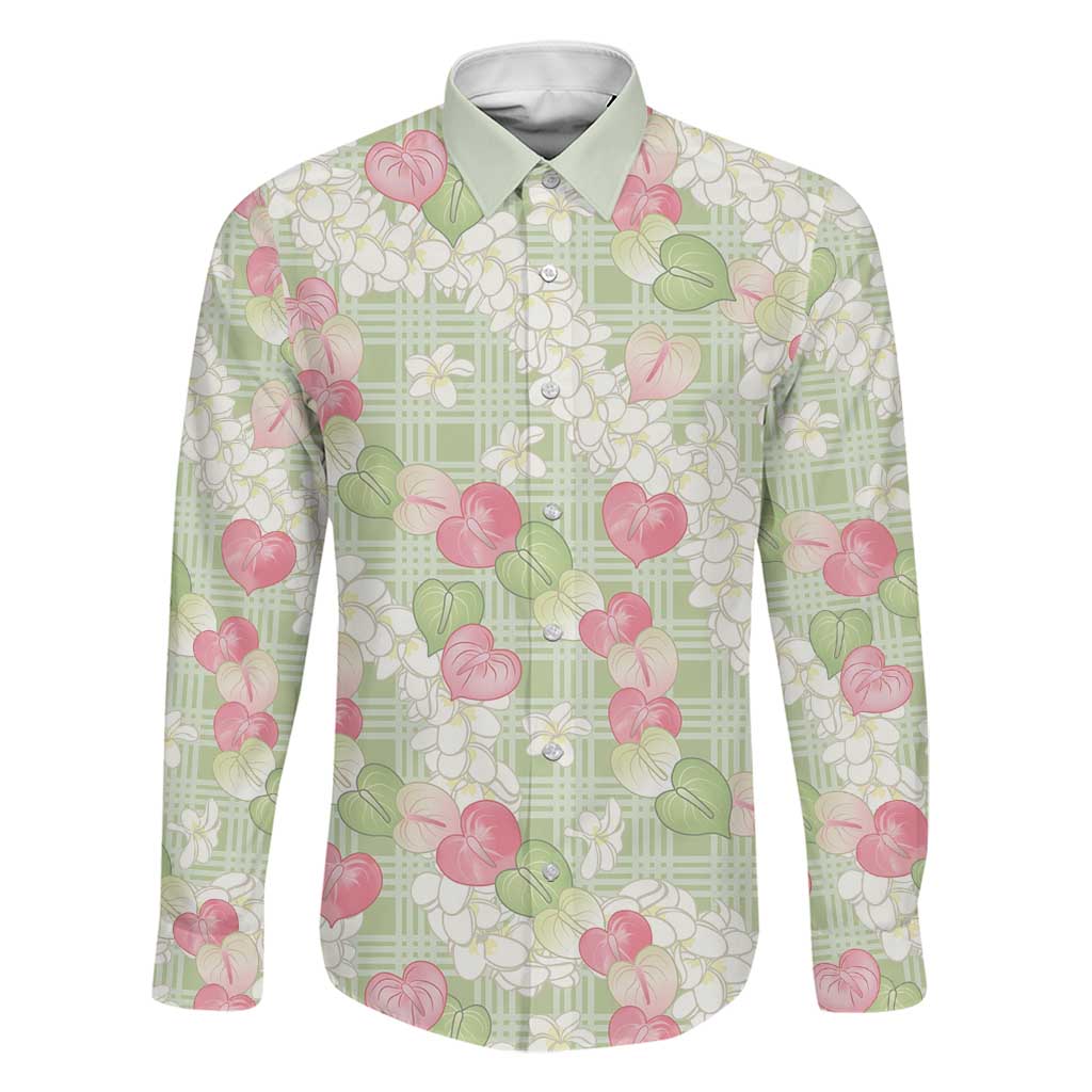 Anthurium Plumeria Lei Pastel Family Matching Off Shoulder Short Dress and Hawaiian Shirt Green Hawaiian Splendid Palaka LT01 Dad's Shirt - Long Sleeve Green - Polynesian Pride
