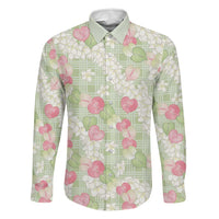 Anthurium Plumeria Lei Pastel Family Matching Off Shoulder Short Dress and Hawaiian Shirt Green Hawaiian Splendid Palaka LT01 Dad's Shirt - Long Sleeve Green - Polynesian Pride