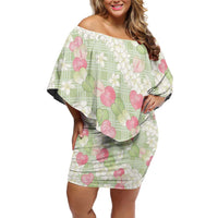 Anthurium Plumeria Lei Pastel Family Matching Off Shoulder Short Dress and Hawaiian Shirt Green Hawaiian Splendid Palaka LT01 Mom's Dress Green - Polynesian Pride