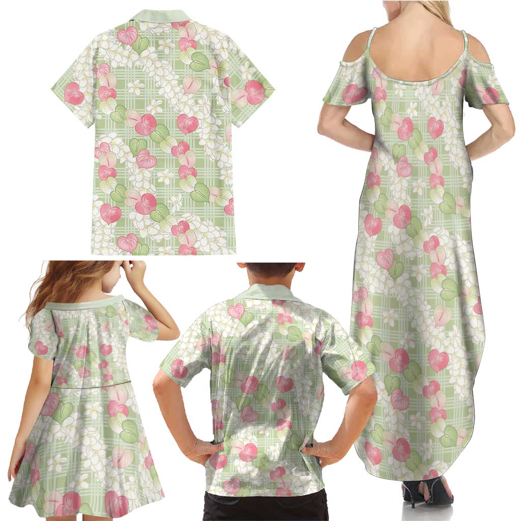 Anthurium Plumeria Lei Pastel Family Matching Summer Maxi Dress and Hawaiian Shirt Green Hawaiian Splendid Palaka LT01 - Polynesian Pride