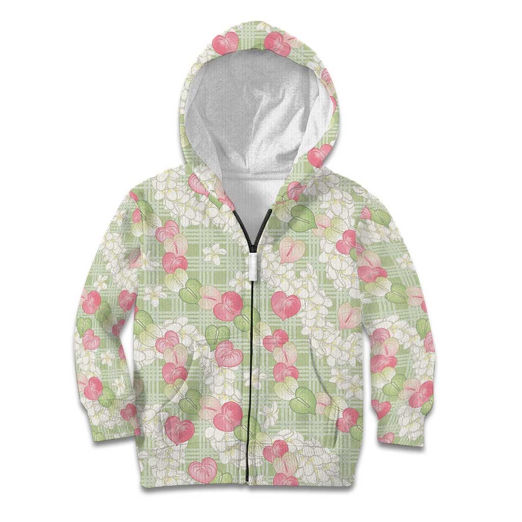 Anthurium Plumeria Lei Pastel Kid Hoodie Green Hawaiian Splendid Palaka
