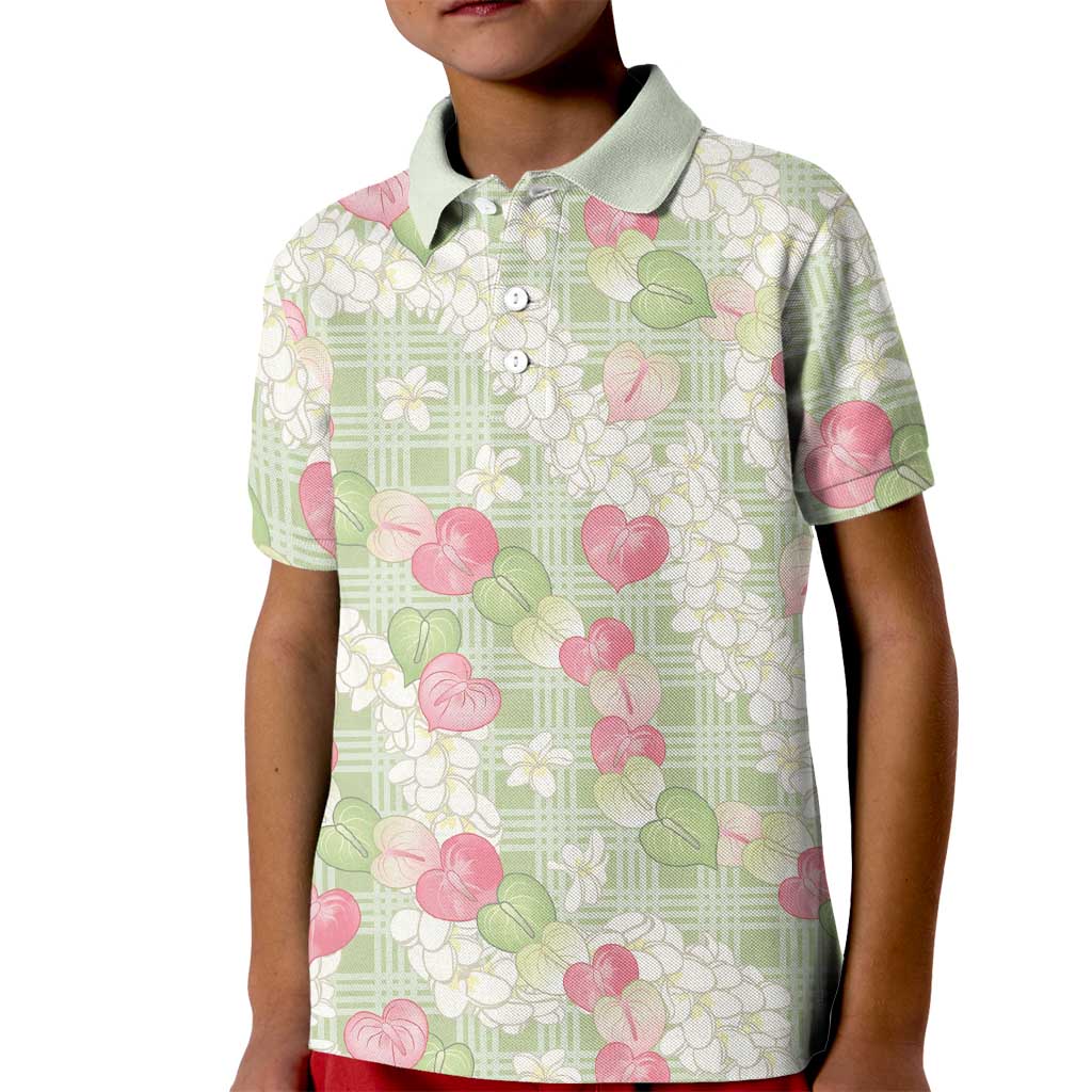 Anthurium Plumeria Lei Pastel Kid Polo Shirt Green Hawaiian Splendid Palaka