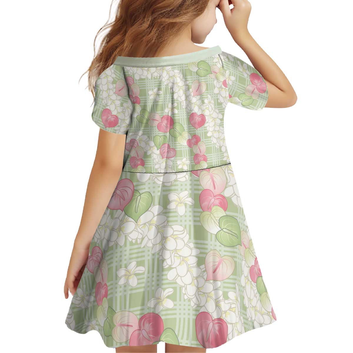 Anthurium Plumeria Lei Pastel Kid Short Sleeve Dress Green Hawaiian Splendid Palaka