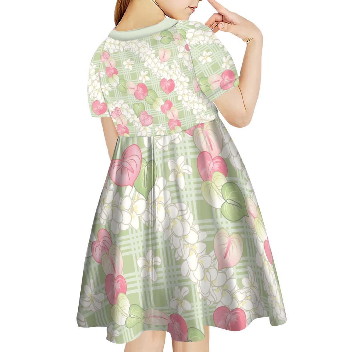 Anthurium Plumeria Lei Pastel Kid Short Sleeve Dress Green Hawaiian Splendid Palaka