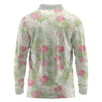 Anthurium Plumeria Lei Pastel Long Sleeve Polo Shirt Green Hawaiian Splendid Palaka