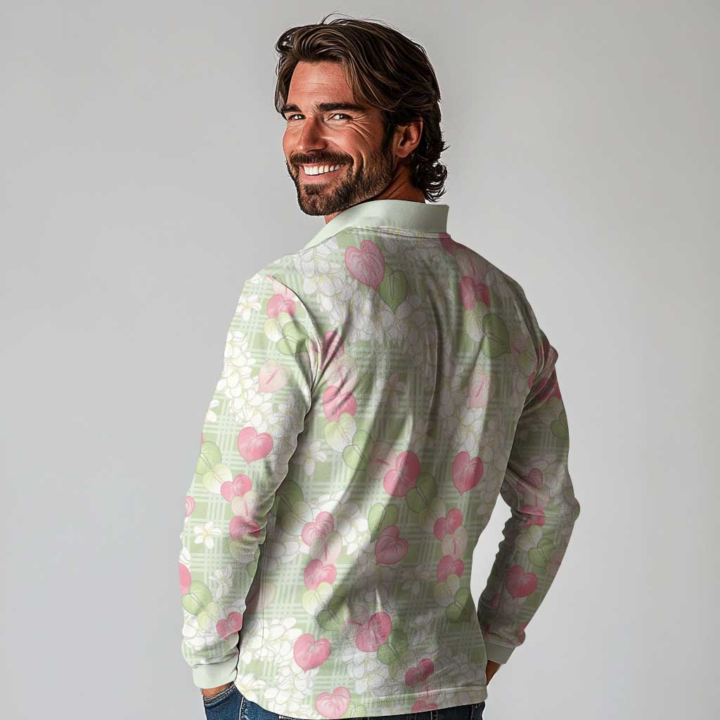 Anthurium Plumeria Lei Pastel Long Sleeve Polo Shirt Green Hawaiian Splendid Palaka