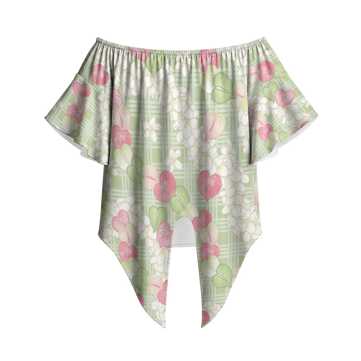 Anthurium Plumeria Lei Pastel Off Shoulder Wrap Waist Top Green Hawaiian Splendid Palaka LT01 Green - Polynesian Pride