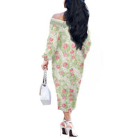 Anthurium Plumeria Lei Pastel Off The Shoulder Long Sleeve Dress Green Hawaiian Splendid Palaka LT01 - Polynesian Pride
