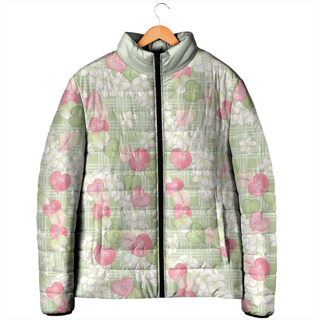 Anthurium Plumeria Lei Pastel Padded Jacket Green Hawaiian Splendid Palaka