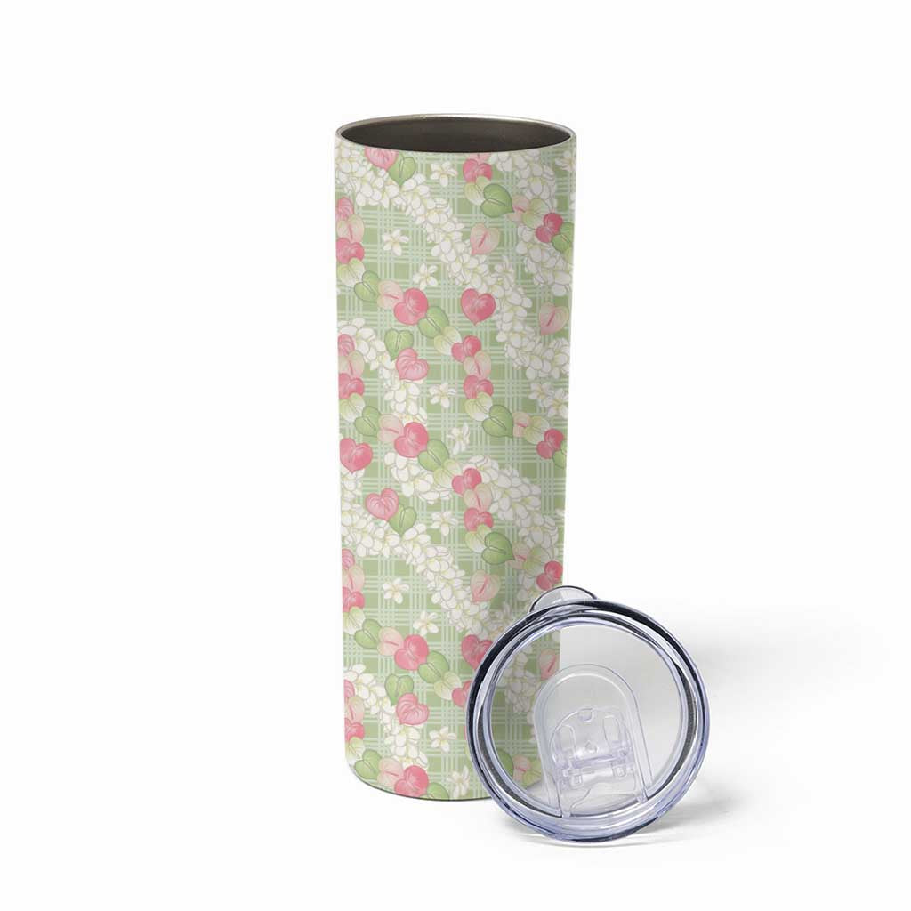 Anthurium Plumeria Lei Pastel Skinny Tumbler Green Hawaiian Splendid Palaka LT01 - Polynesian Pride