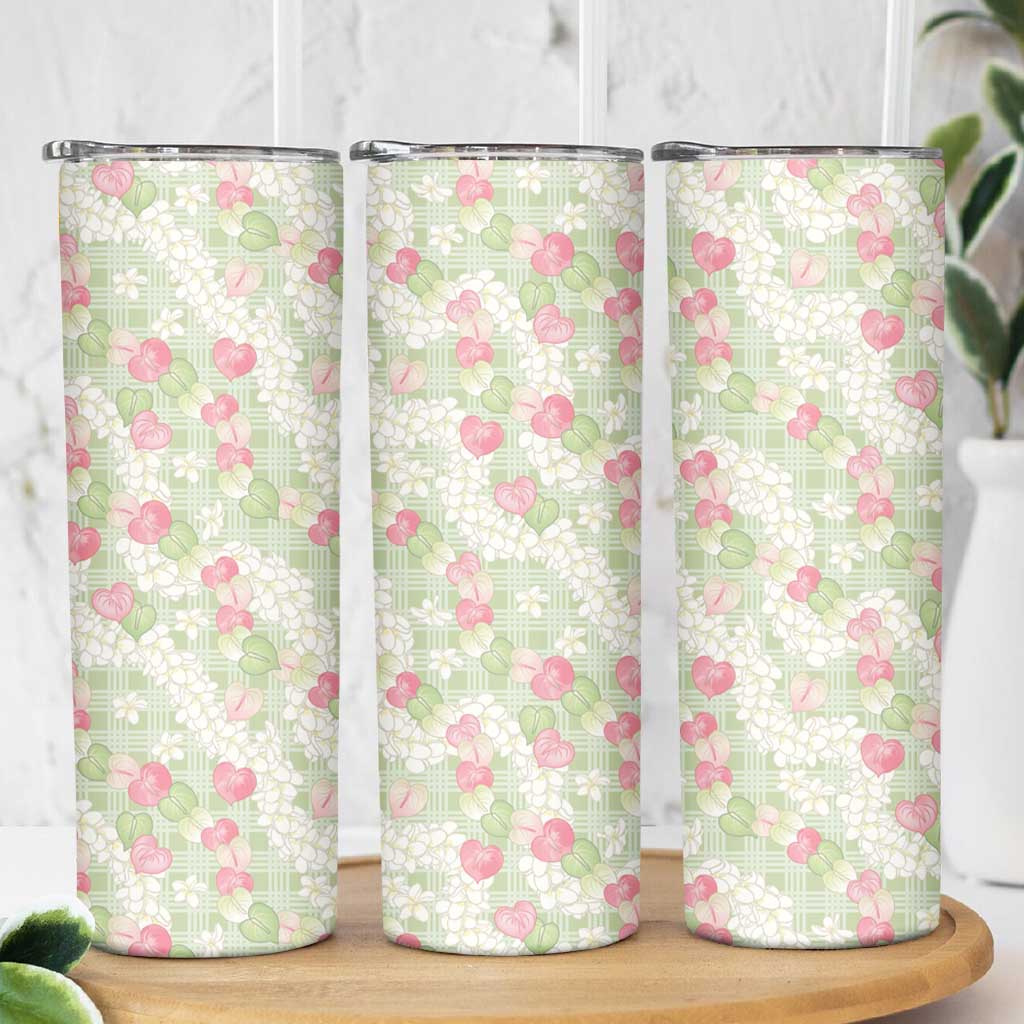 Anthurium Plumeria Lei Pastel Skinny Tumbler Green Hawaiian Splendid Palaka LT01 - Polynesian Pride