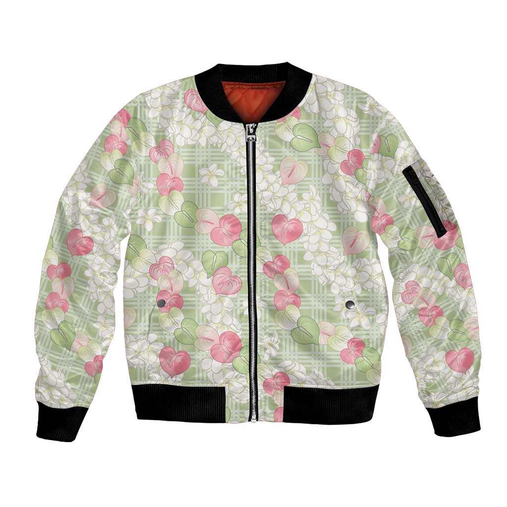 Anthurium Plumeria Lei Pastel Sleeve Zip Bomber Jacket Green Hawaiian Splendid Palaka