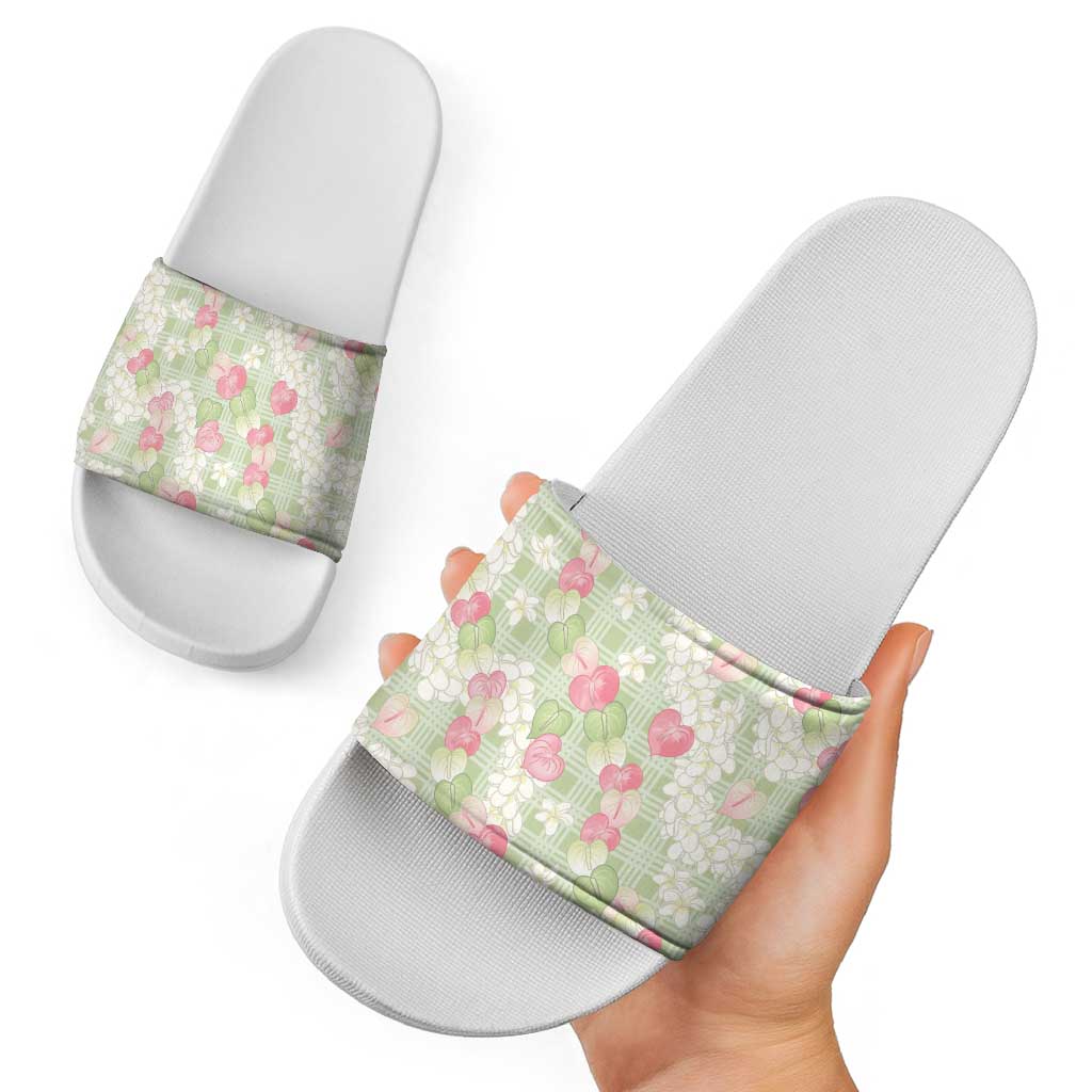 Anthurium Plumeria Lei Pastel Slide Sandals Green Hawaiian Splendid Palaka
