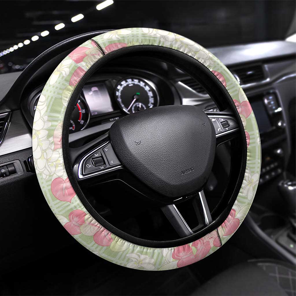 Anthurium Plumeria Lei Pastel Steering Wheel Cover Green Hawaiian Splendid Palaka LT01 Universal Fit Green - Polynesian Pride
