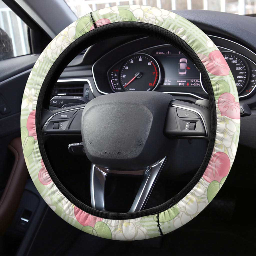 Anthurium Plumeria Lei Pastel Steering Wheel Cover Green Hawaiian Splendid Palaka LT01 - Polynesian Pride