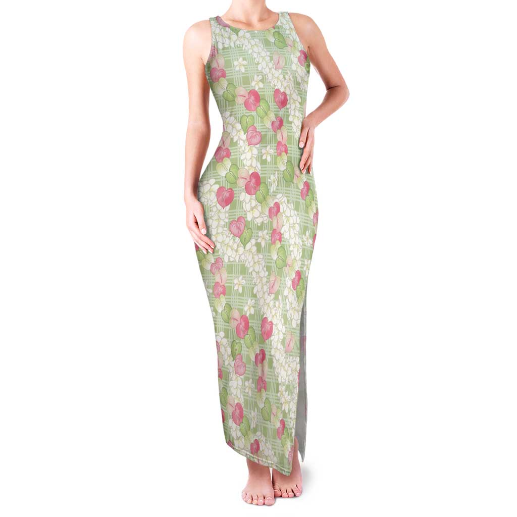 Anthurium Plumeria Lei Pastel Tank Maxi Dress Green Hawaiian Splendid Palaka