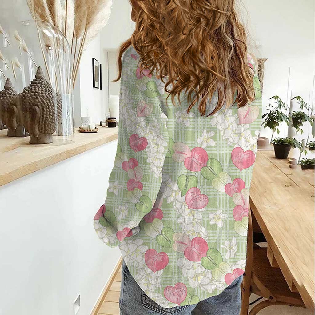 Anthurium Plumeria Lei Pastel Women Casual Shirt Green Hawaiian Splendid Palaka LT01 - Polynesian Pride