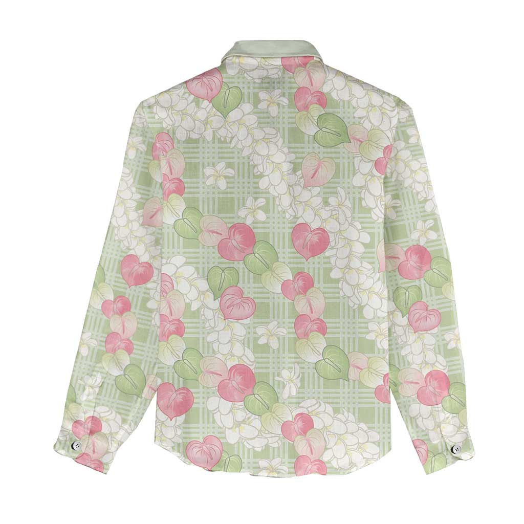 Anthurium Plumeria Lei Pastel Women Casual Shirt Green Hawaiian Splendid Palaka LT01 - Polynesian Pride