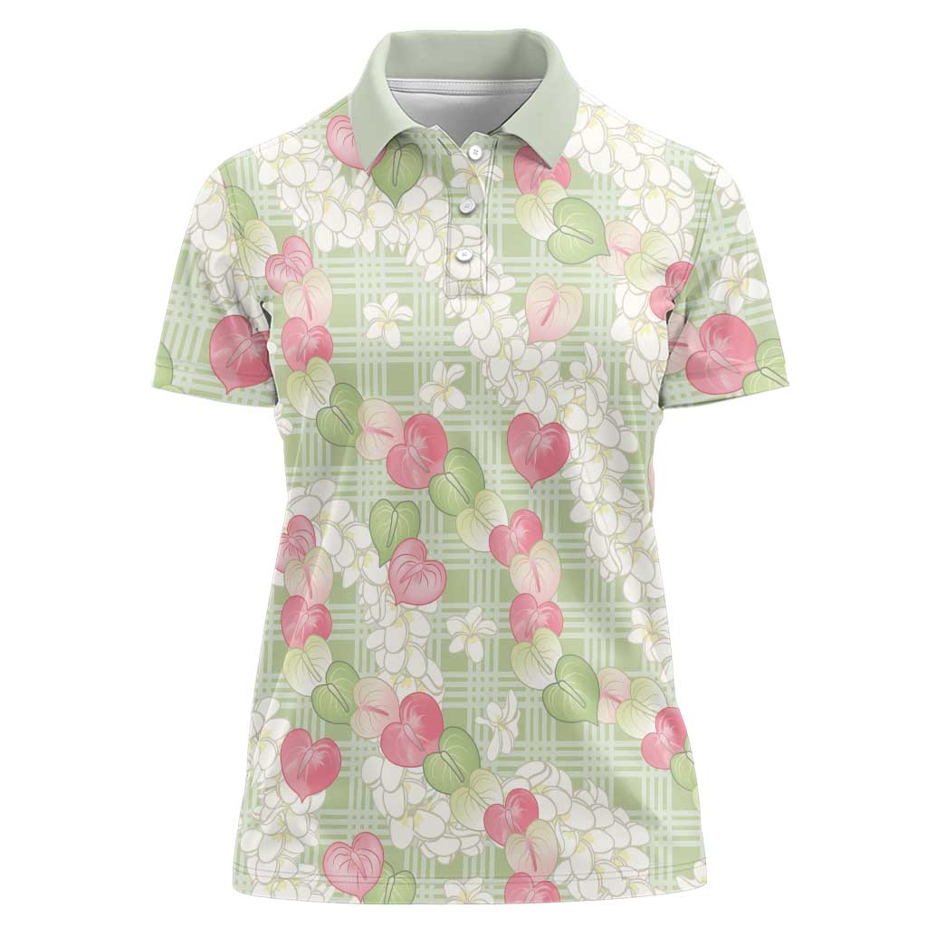 Anthurium Plumeria Lei Pastel Women Polo Shirt Green Hawaiian Splendid Palaka LT01 Female Green - Polynesian Pride