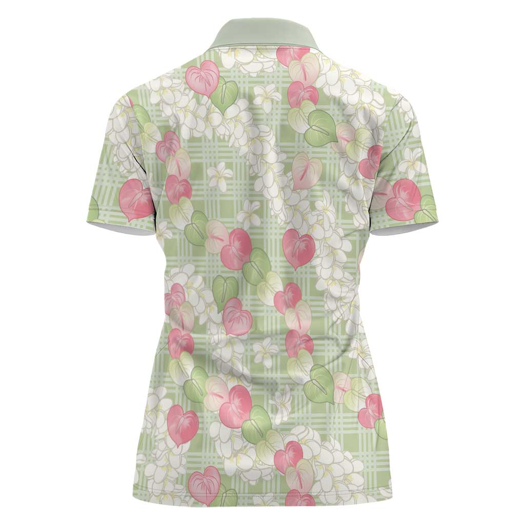 Anthurium Plumeria Lei Pastel Women Polo Shirt Green Hawaiian Splendid Palaka LT01 - Polynesian Pride