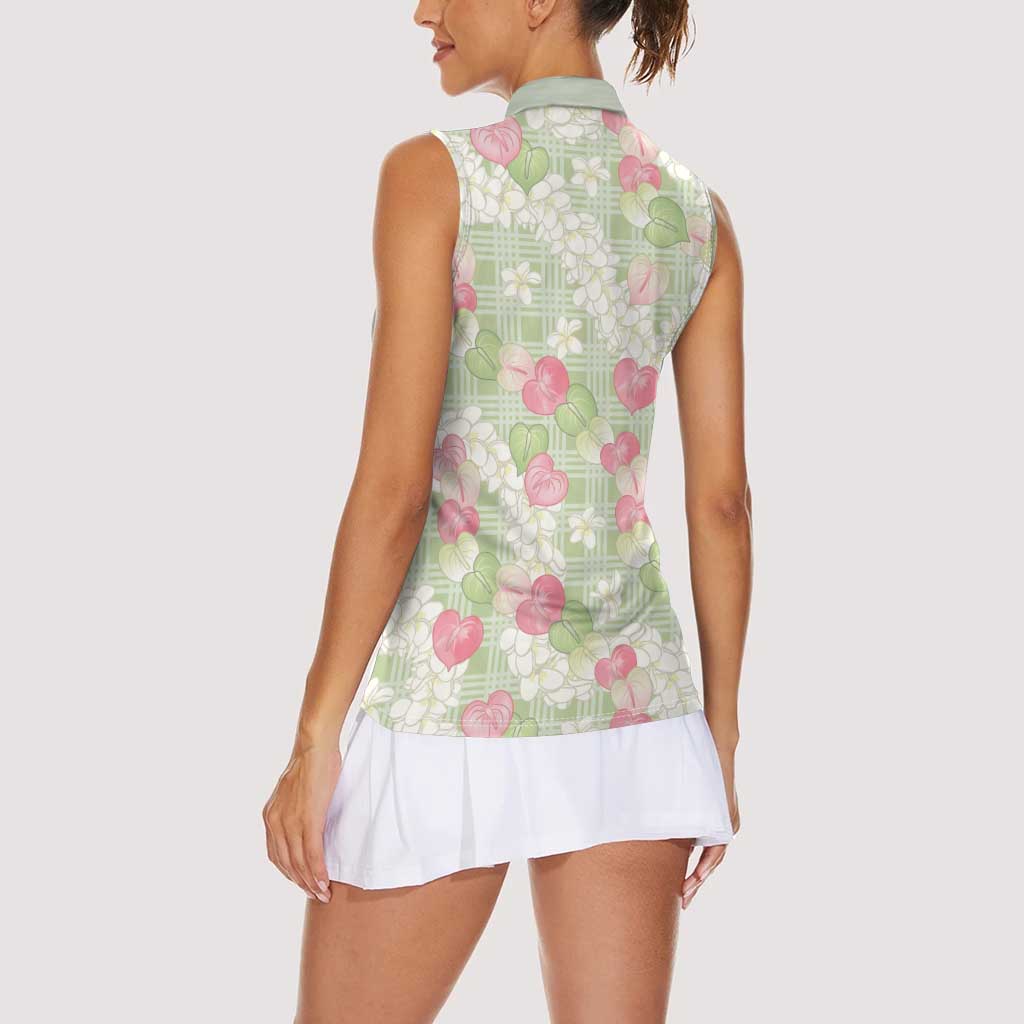 Anthurium Plumeria Lei Pastel Women Sleeveless Polo Shirt Green Hawaiian Splendid Palaka LT01 - Polynesian Pride