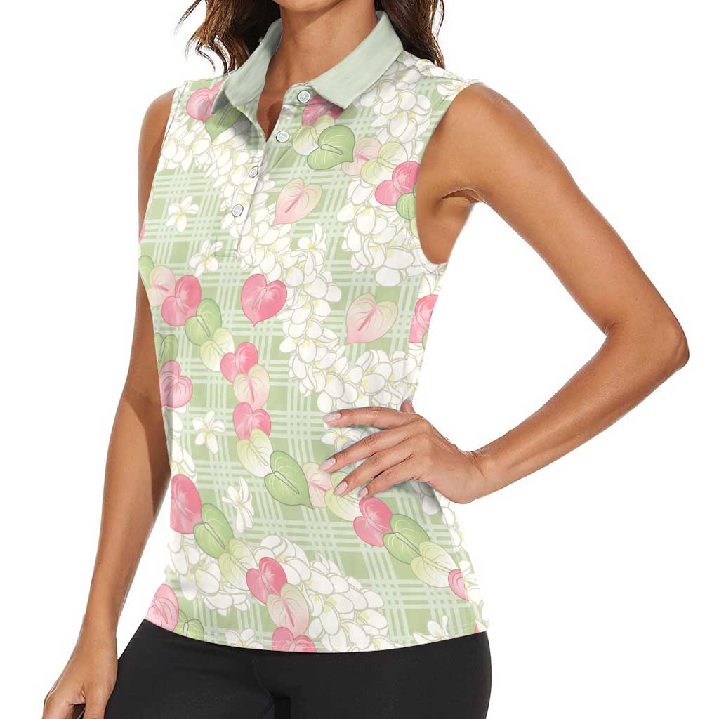 Anthurium Plumeria Lei Pastel Women Sleeveless Polo Shirt Green Hawaiian Splendid Palaka LT01 - Polynesian Pride