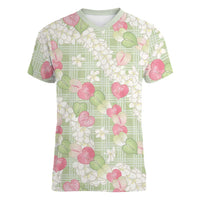 Anthurium Plumeria Lei Pastel Women V-Neck T-Shirt Green Hawaiian Splendid Palaka LT01 Female Green - Polynesian Pride