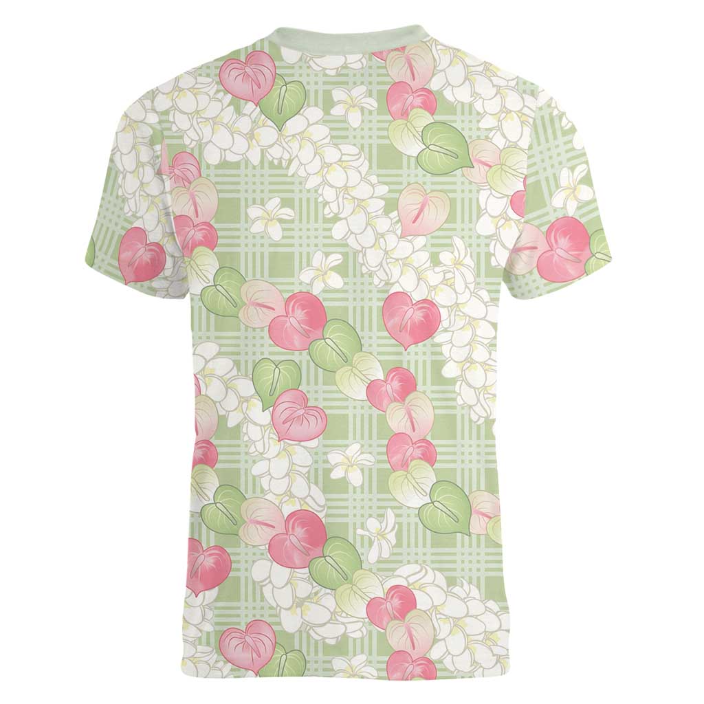 Anthurium Plumeria Lei Pastel Women V-Neck T-Shirt Green Hawaiian Splendid Palaka LT01 - Polynesian Pride
