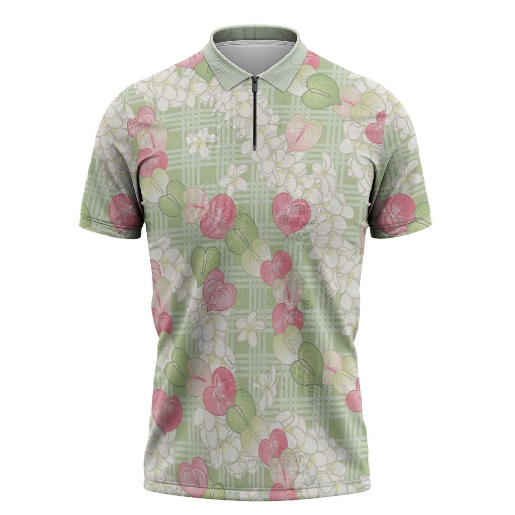 Anthurium Plumeria Lei Pastel Zipper Polo Shirt Green Hawaiian Splendid Palaka